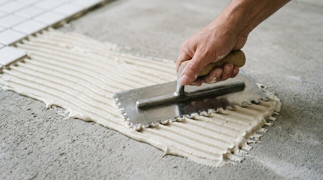 Professional Tiling Work Spreading Thinset Mortar Adhesive with Notched Trowel on Concrete Floor for Home Renovation