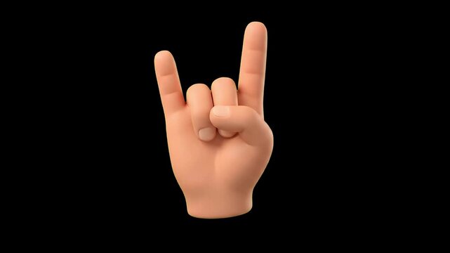 A high-quality 3D render of a human hand performing the sign of the horns gesture over a dark black background. Ideal for music videos, concert promotions, nightlife graphics, and modern digital media