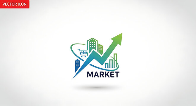 Market growth logo template featuring a rising financial arrow, buildings, and a shopping cart icon