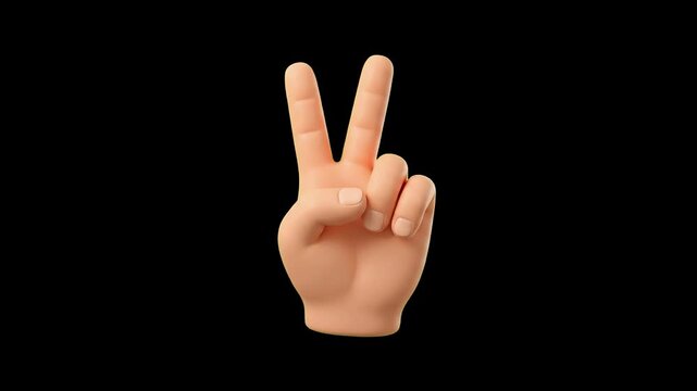 A 3D animated cartoon hand raising two fingers to form a peace or victory gesture. The character hand stands out clearly against a solid black background, ideal for dramatic contrast.