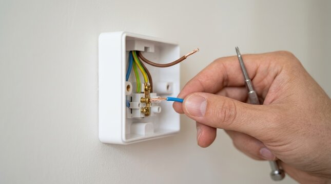 Electrician installing electrical socket wiring in home renovation project, close up of male hand connecting blue wire