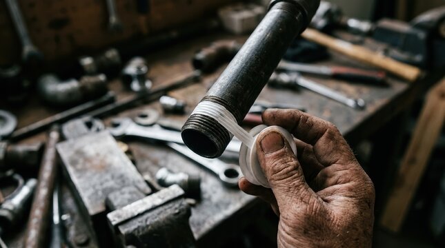 Plumber applying white teflon thread seal tape to metal pipe fitting for leak proof plumbing repair in workshop