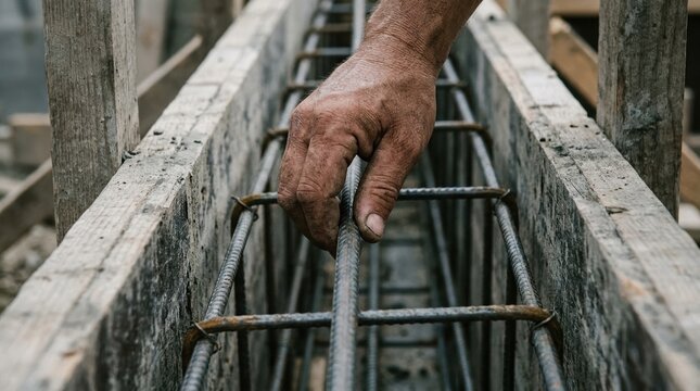 Construction worker hands installing steel rebar reinforcement in wooden formwork for concrete foundation pouring