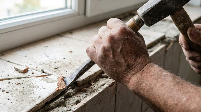 Construction worker using hammer and chisel to remove old ceramic tiles during home renovation project