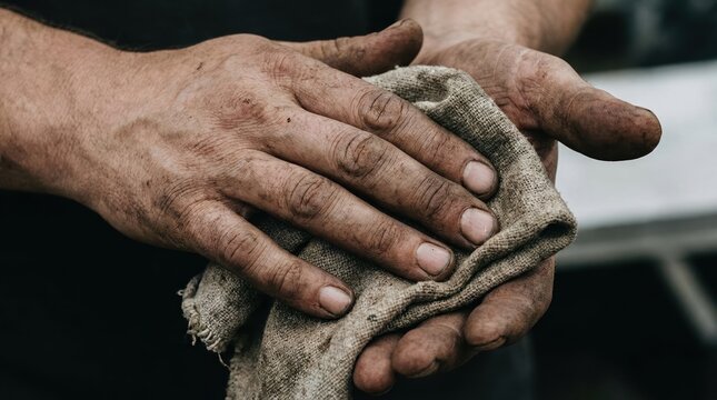 Dirty working hands of a male mechanic cleaning grease with a rag, representing hard labor and industrial maintenance work