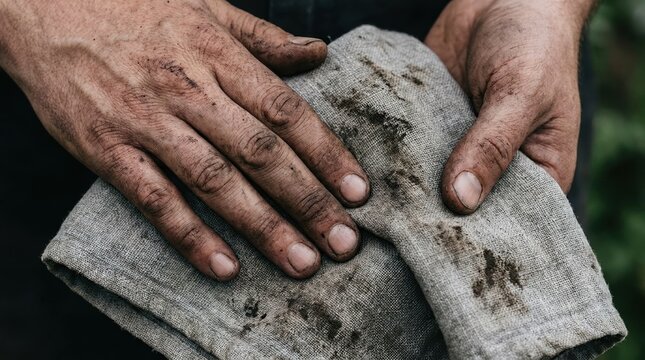 Dirty calloused hands of a manual laborer holding a worn rag representing hard work and industrial grit