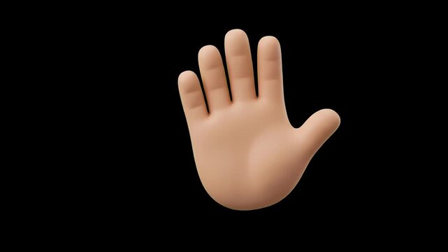 A smooth 3D render of a stylized human hand fully opened in a greeting, waving, or stopping gesture against a solid black backdrop. This clean design asset is excellent for user interfaces, dynamic mo