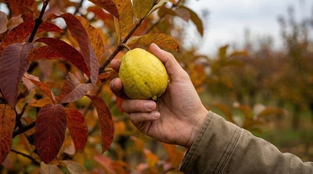 Hand Picking Fresh Yellow Guava Fruit from Tree in Autumn Orchard for Organic Harvest and Healthy Eating Concept