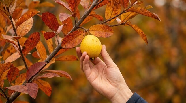 Hand picking ripe yellow guava fruit from tree branch in autumn orchard for fresh organic harvest concept