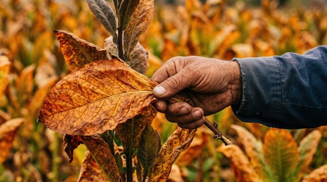 Mature Farmer Hand Holding Dried Tobacco Leaf in Field for Harvest Concept
