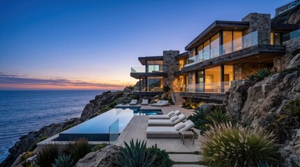 Fototapeta premium Cliffside modern house with infinity pool at sunset