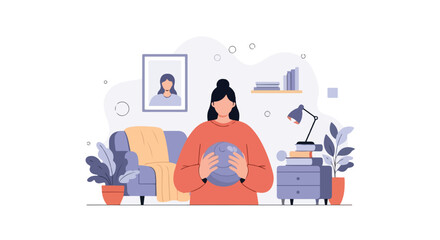 A woman in an orange sweater stands in a cozy room, holding a large blue ball amidst plants, books, and a soft armchair. © Andy