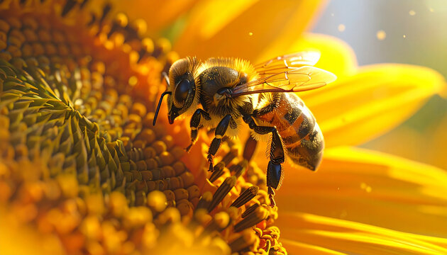 Macro View of Honeybee Collecting Pollen on Yellow Sunflower