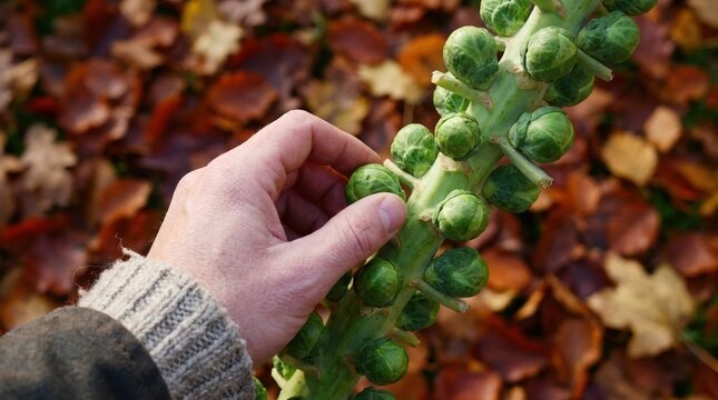 Hand Harvesting Fresh Brussels Sprouts from Stalk in Autumn Garden for Organic Farm to Table Cooking Concept