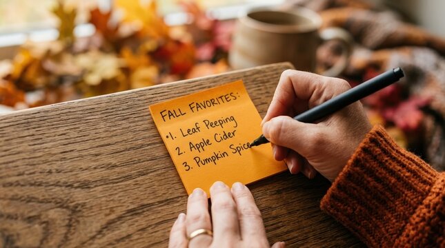 Woman Writing Fall Favorites List on Sticky Note Cozy Autumn Concept