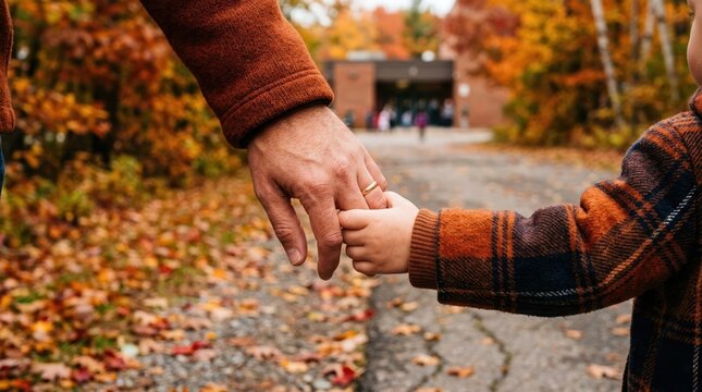 Parent holding child hand walking to school on autumn day, family bonding and back to school concept, fall season outdoor activity
