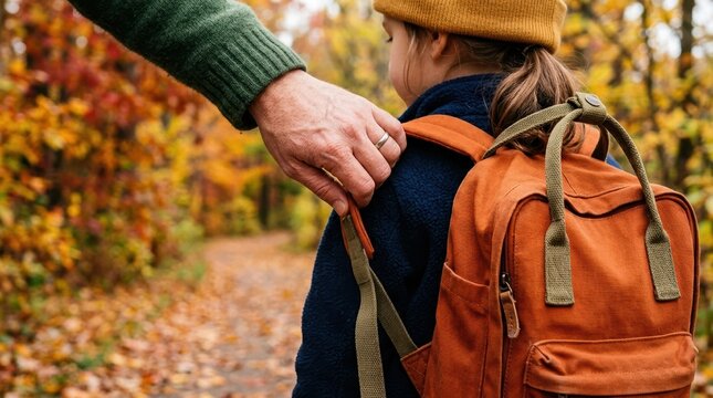 Parent Holding Child Shoulder Walking Together in Autumn Forest Path for Family Bonding and Childhood Adventure Concept