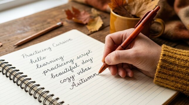 Person Practicing Cursive Handwriting in Notebook with Cozy Autumn Aesthetic for Education and Creative Writing Concepts
