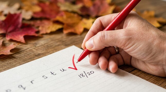 Hand marking correct answer on test paper with red pen, academic grading concept for student evaluation and success