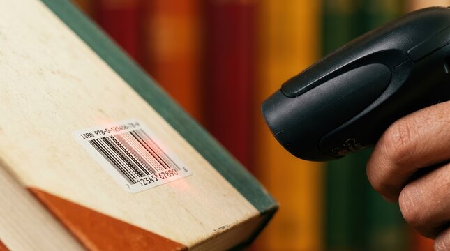 Handheld Barcode Scanner Scanning ISBN Label on Book Cover for Inventory Management and Library Cataloging System