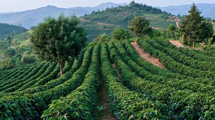 Fototapeta premium Coffee Plantation Rows On Hillside Morning Mist