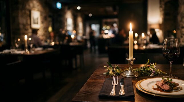 Romantic candlelit dinner served on a wooden table in a luxury restaurant