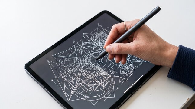 Artist hand using stylus on tablet to draw complex geometric pattern digital art