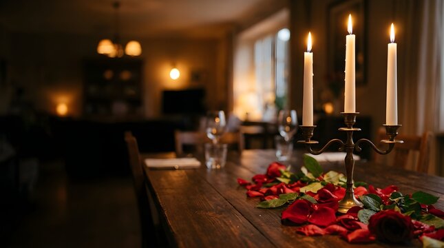 Romantic dinner setting with burning candles and roses on wooden table