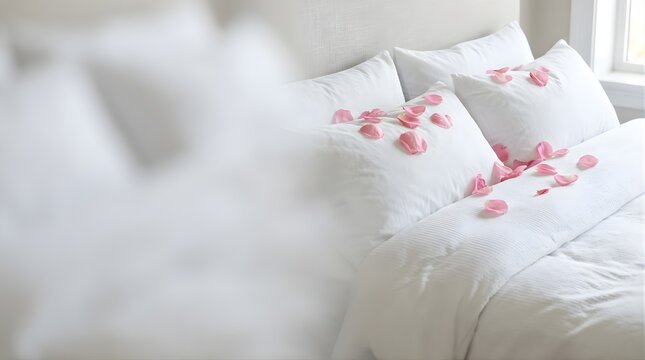 Romantic white bed with scattered pink rose petals for a luxury stay