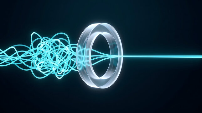 Tangled cyan cable transforming into clean light path for process improvement and simplification