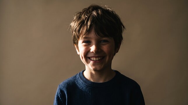 Happy young boy with dimples and messy hair smiling warmly in soft light