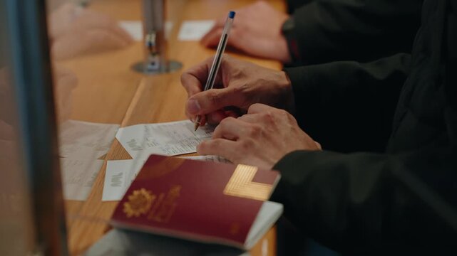 Traveler hand signing document at immigration counter beside red passport and boarding pass