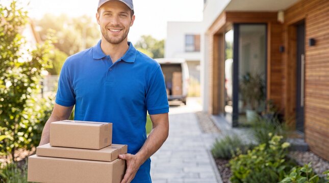 Reliable express logistics worker dropping off cardboard package outdoors