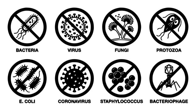 Microorganisms with Prohibition Symbols in a Circular Design Featuring Bacteria, Virus, Fungi with Protozoa and E. Coli Elements