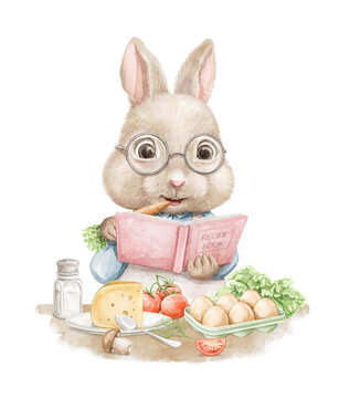 Easter cartoon cute Chef cook bunny rabbit boy in clothes reads cookbook among vegetable ingredients and eats carrot isolated on white background.  Watercolor and pencil hand drawn illustration sketch