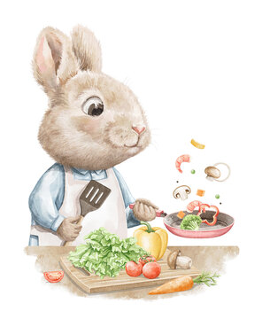 Easter cartoon cute Chef cook bunny rabbit boy in blue shirt cooking food vegetables with frying pan isolated on white background. Watercolor and pencil hand drawn illustration sketch