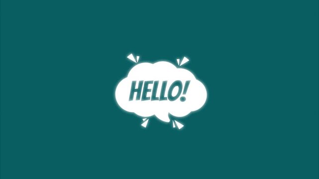 Animated hello speech bubble pop-up motion on teal background