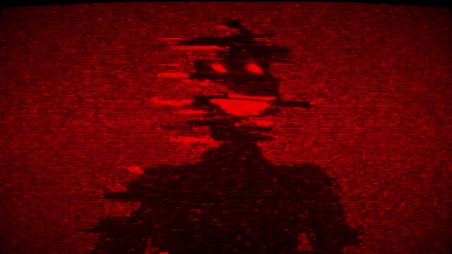 A creepy dark entity with distorted features and piercing red eyes appears through a corrupted VHS signal. This analog horror asset is designed for spooky atmospheric video projects.