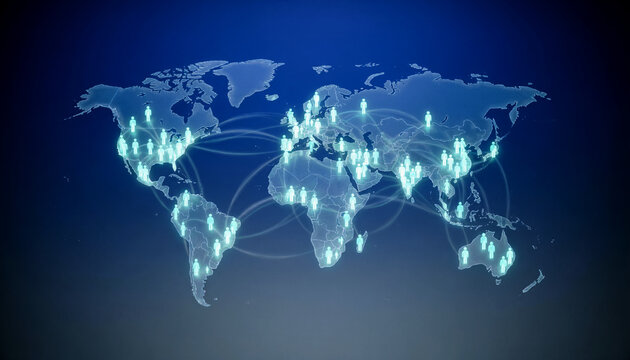 Global communication network map with connecting lines and people icons on dark blue background, technology and business connection concept