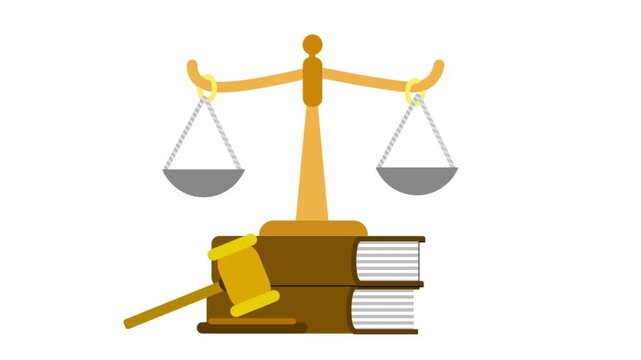 Legal justice concept illustrated with a flat vector animation of scales, a gavel, and books on white and green backgrounds.