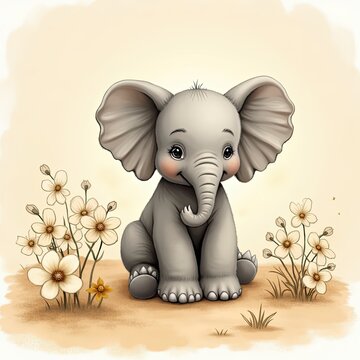 Cute Baby Elephant Sitting Among Flowers with Soft Pastel Background