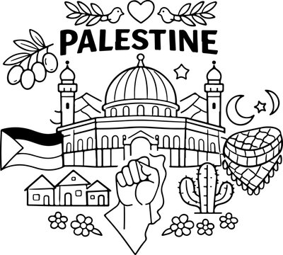 palestine landmarks cartoon outline hand drawn Line Art illustration doodle art coloring page for kids