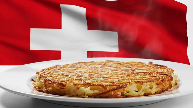 Swiss r&ouml;sti potato pancake on white plate before Switzerland flag