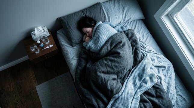 Sick Person Sleeping Comfortably In Bed With Medicine Nearby And Window Light