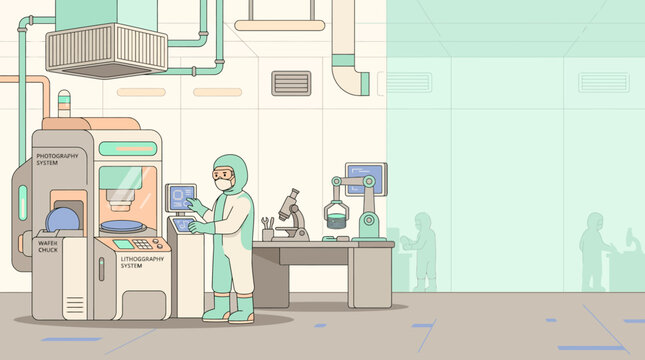 Microchip lithography system in cleanroom with technician and copy space soft pastel flat vector illustration