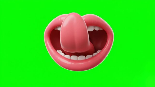A fun 3D cartoon mouth animation where a large pink tongue comes out to lick the upper lip, set against a solid green screen background. Perfect for food cravings, candy advertisements, and funny vide