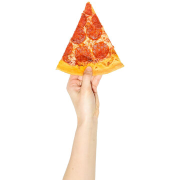 Hand holding pepperoni pizza slice