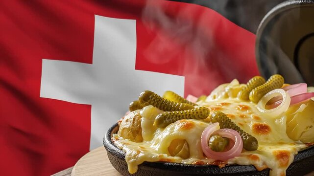 Swiss raclette with melted cheese, potatoes and pickles before Switzerland flag