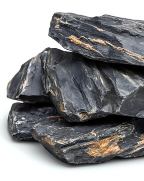 Stacked dark slate rocks with golden mineral veins isolated on white background, suitable for geology, construction, and design projects.