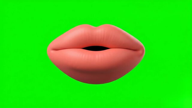 A pair of stylized 3D rendered pink lips opens wide into an "O" shape to express shock, awe, or surprise. Shot against a vibrant chroma key green screen, this animated character element is ideal for f